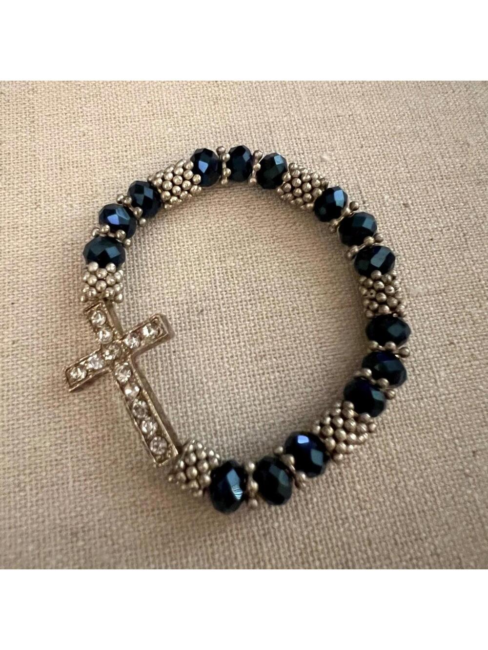 Silver and sapphire blue crystal beads w cross w embedded crystals - M